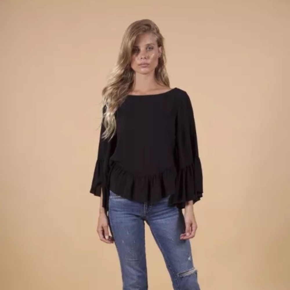 $125 NIGHTCAP CLOTHING Calico Ruffle Top in Black